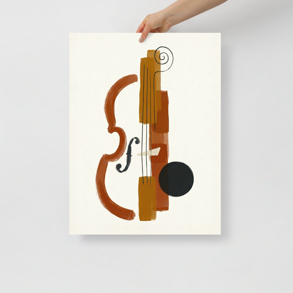 'Symphony in Fragments' — a Minimalism print. A minimalist abstract painting deconstructing a violin or cello using rust, orange, and black brushstrokes on a white background, perfect for a Music Room or Living Room.