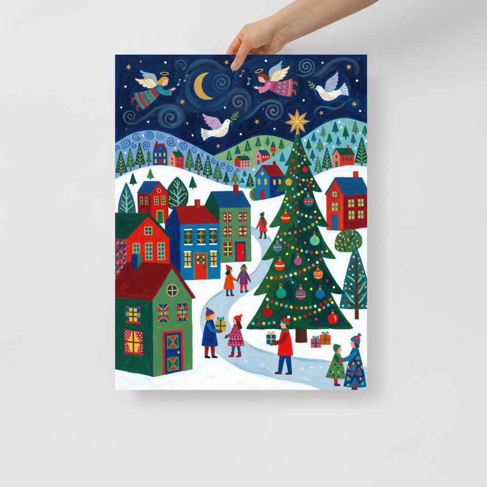 'Starry Night Angels' — a Naive art print. A magical Naive Art depiction of angels flying over a vibrant winter village with colorful houses and a large Christmas tree, lovely for a cozy Bedroom.