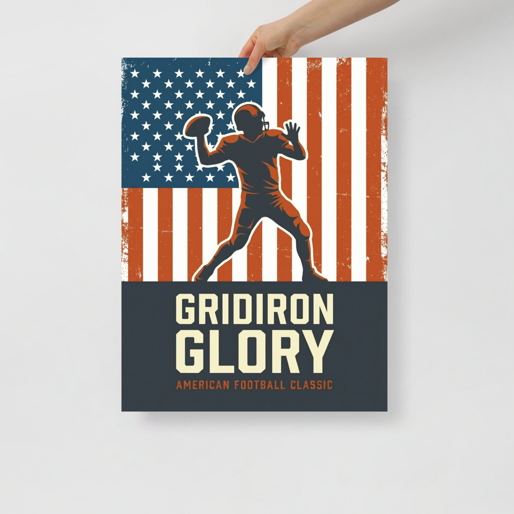 'Gridiron Glory' — a Pop art,Digital art print. A retro sports poster with a silhouette of an American football player throwing a ball against a distressed American flag, ideal for a Man Cave.