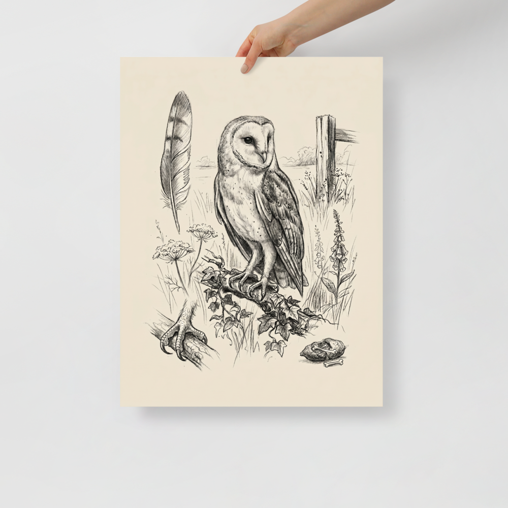 'Barn Owl Anatomy Study' — a Realism print. Pencil sketch of a barn owl with anatomical details including a feather, talons, and a skull.