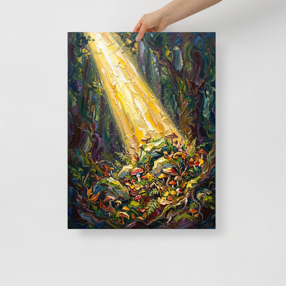 'Forest Illumination' — a Impressionism print. An impasto painting of sunlight hitting colorful mushrooms in a dark forest, bringing magic to a Bedroom.