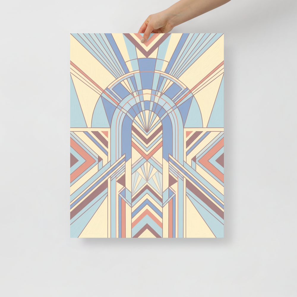 'Pastel Deco Portal' — a Art Deco print. An architectural Art Deco illustration featuring a symmetrical archway and geometric patterns in light blue, plum, and pale yellow, perfect for an elegant hallway.