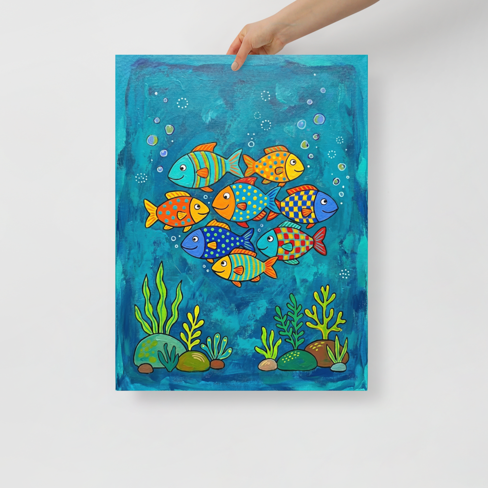 'Colorful Ocean Friends' — a Naive art print. A colorful naive art painting of a school of patterned fish swimming underwater among seaweed and bubbles, perfect for a lively bathroom.