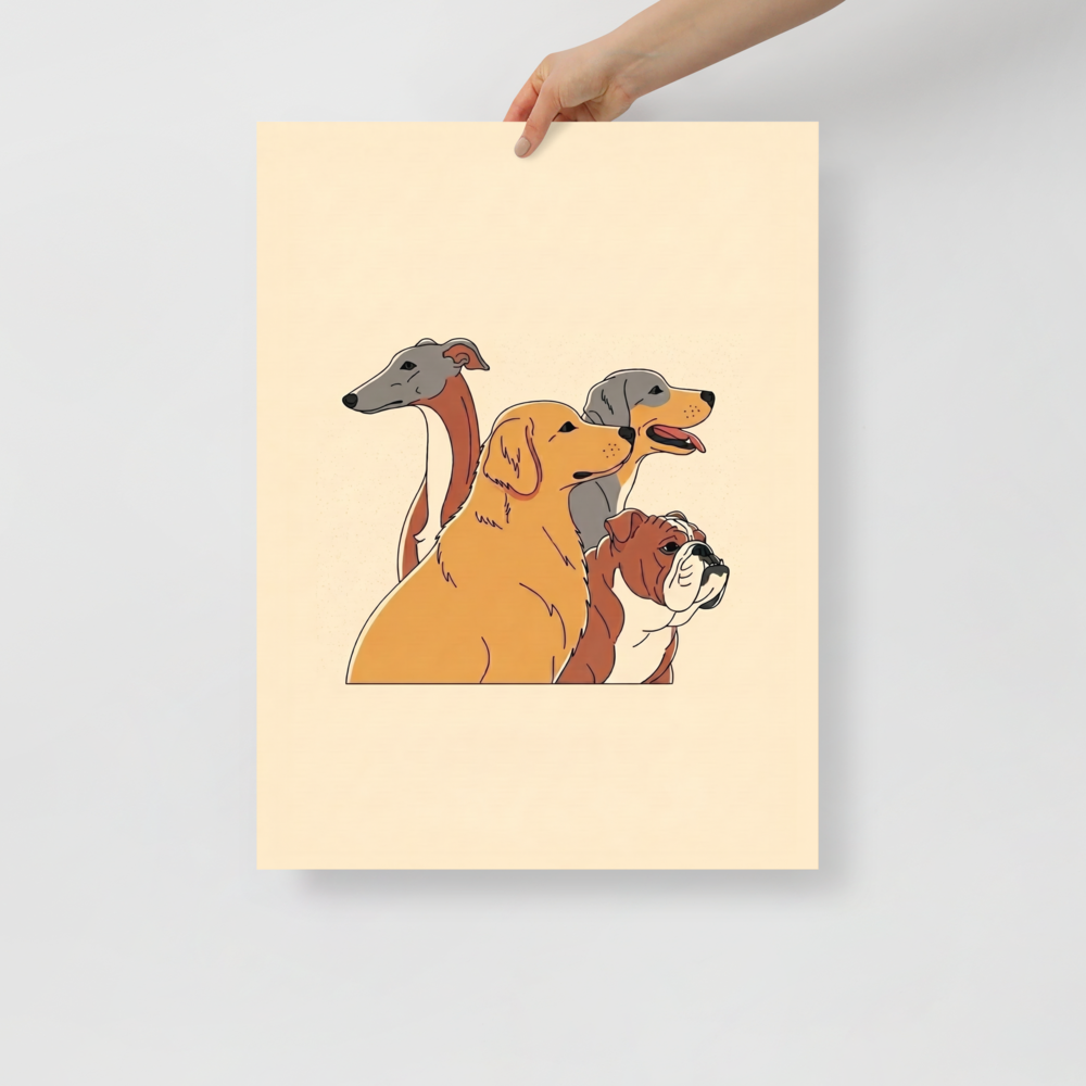 'The Canine Trio' — a Digital art,Pop art print. A minimalist illustration of a Greyhound, Golden Retriever, and Bulldog layered together on a warm beige background, great for a Living Room.