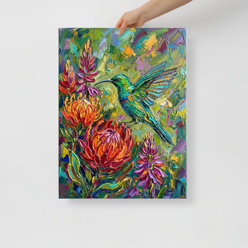 'Emerald Flight Among Proteas' — a Impressionism print. A vibrant impasto painting featuring a brilliant green hummingbird hovering over large red and orange protea flowers against a textured green background, perfect for a living room.