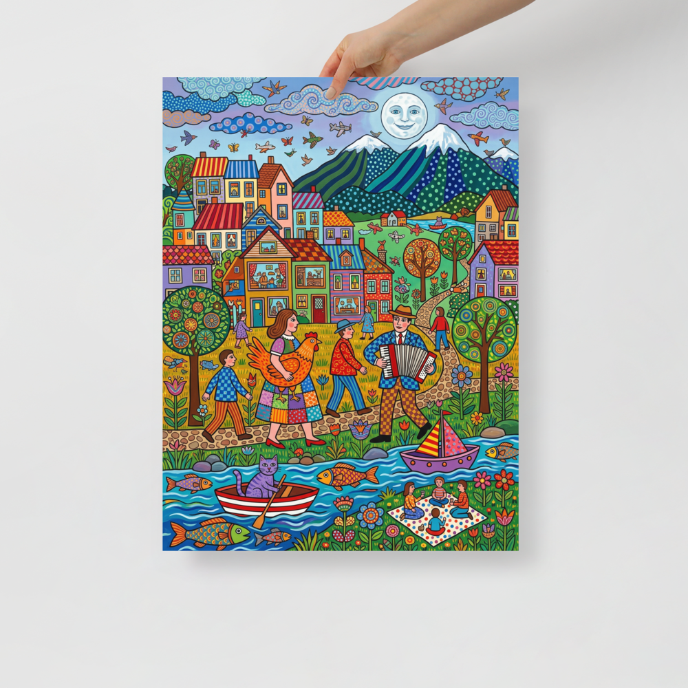 'Moonlit Melody By The River' — a Naive art print. A detailed naive art village scene full of people and animals under a smiling moon, an engaging addition to a vibrant living room.
