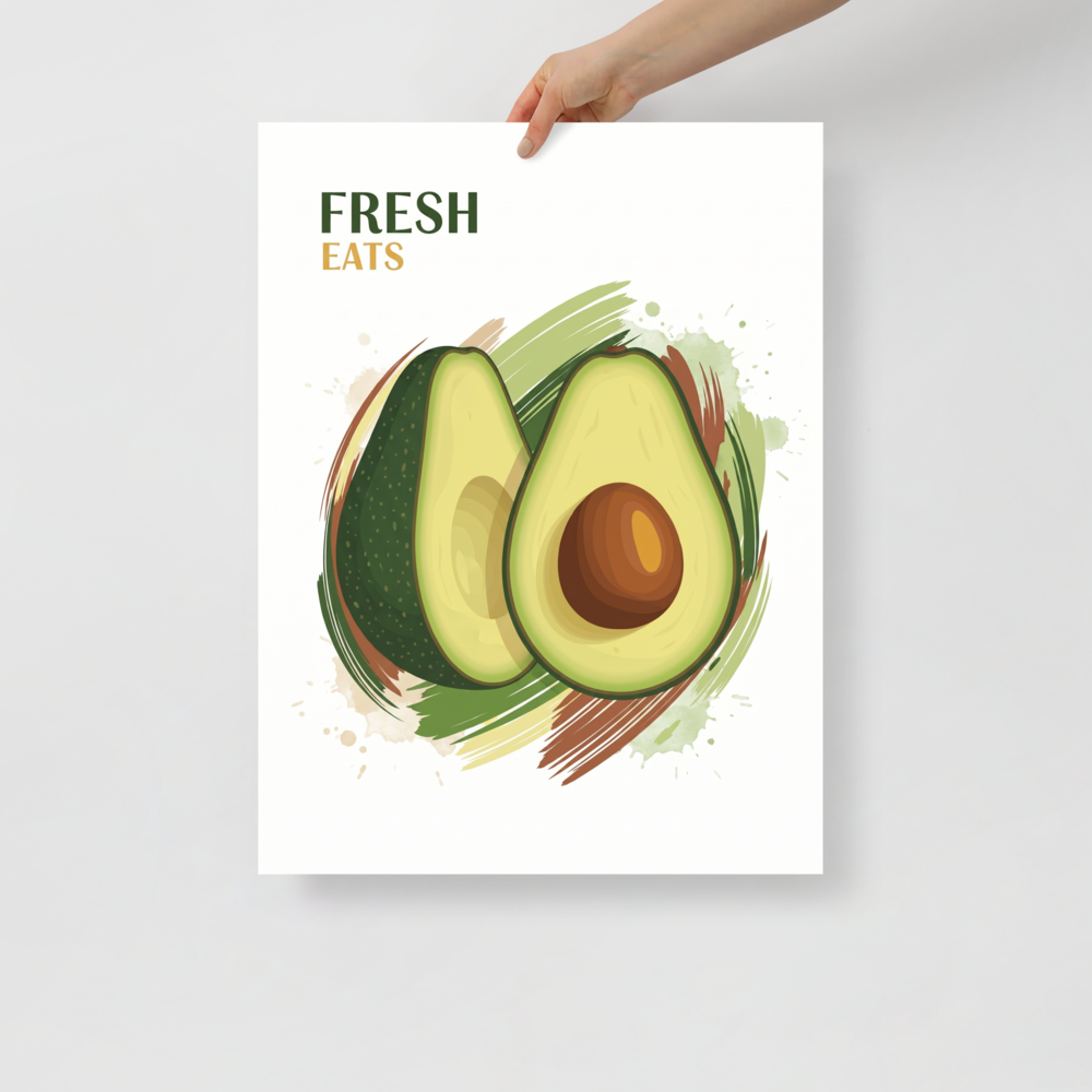 'Fresh Eats Avocado' — a Pop art,Digital art print. An appetizing illustration of an avocado half with watercolor brushstrokes and 'Fresh Eats' text, a lively addition to a Kitchen.