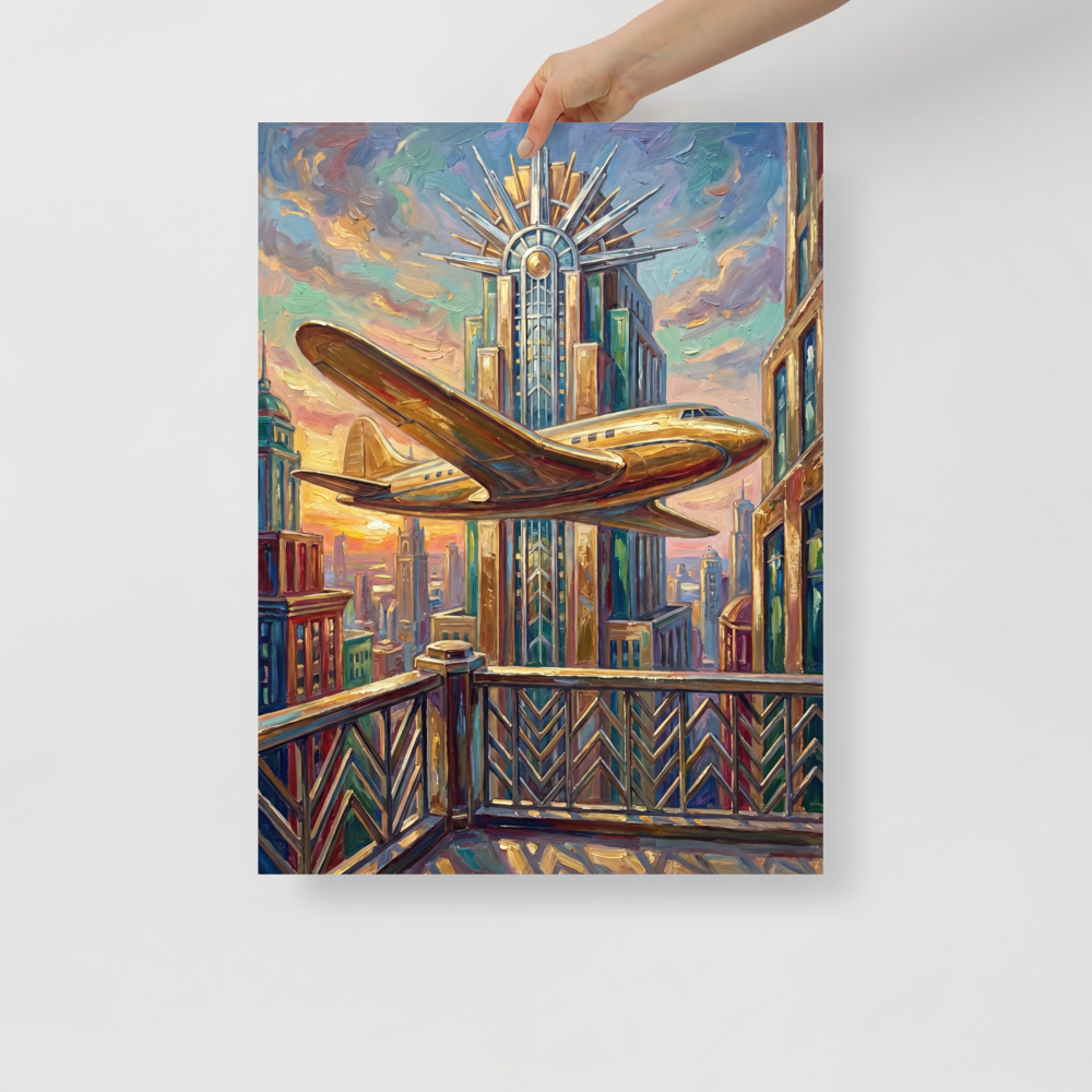 'Flight Over the Golden Tower' — a Art Deco print. A golden airplane flies past a towering, ornate skyscraper against a vibrant sunset in this striking piece, perfect for an office or living room.
