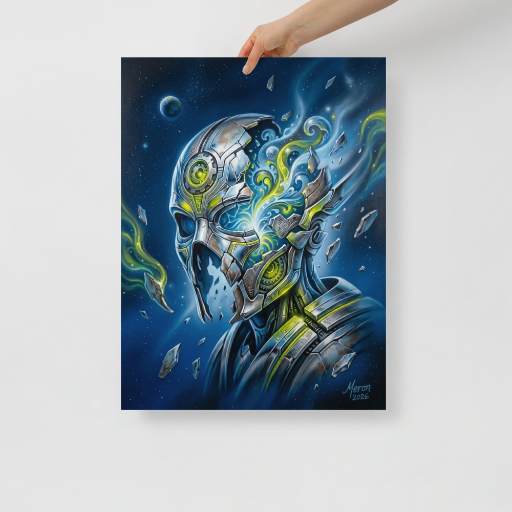 'Shattered Automaton' — a Surrealism print. A metallic robot head shattering to reveal a swirling glowing cosmic interior against a starry space background, perfect for a modern Game Room.