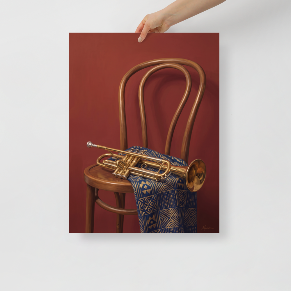 'Brass and Indigo' — a Realism,Modernism print. An oil painting still life featuring a golden trumpet on a wooden chair draped with a blue and gold geometric textile against a deep red wall, perfect for a music room or lounge.