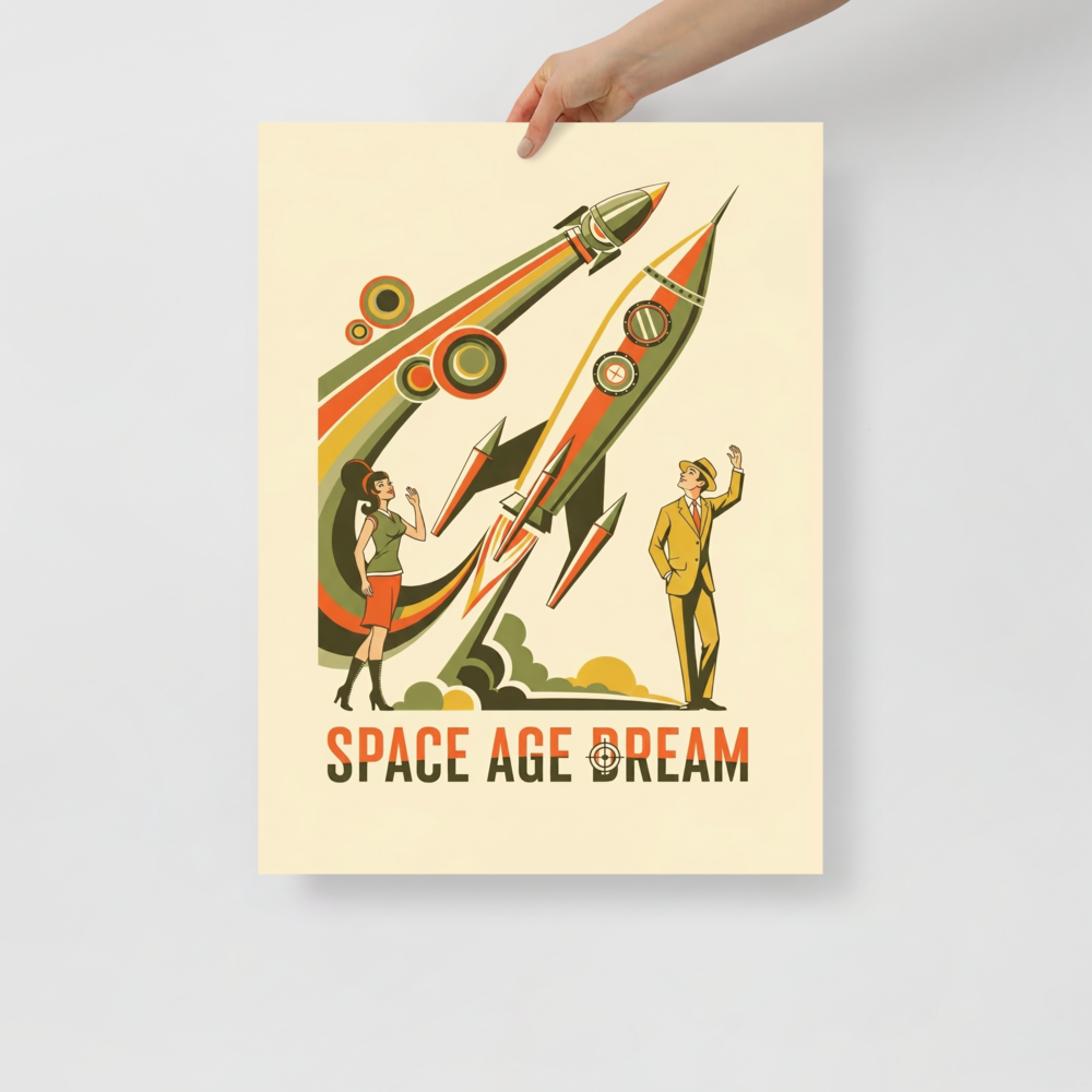 'Space Age Dream' — a Retrofuturism,Pop art print. A retro-futuristic illustration of a man and woman watching rockets launch into space, an inspiring focal point for an Office.
