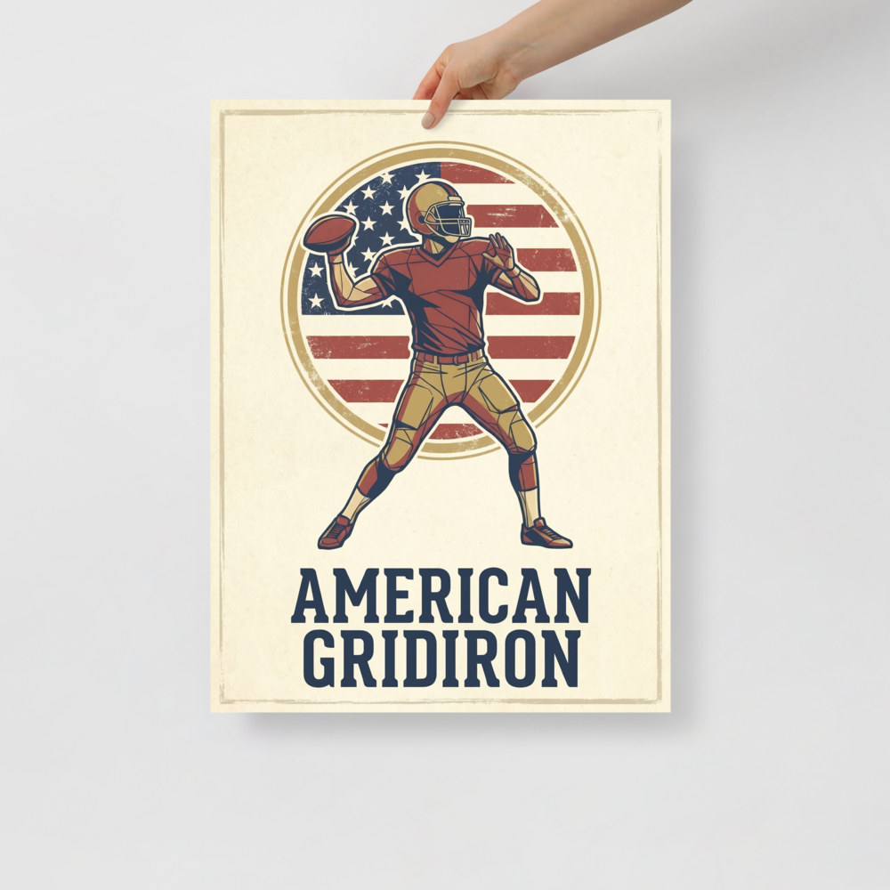 'The American Gridiron' — a Pop art print. A vintage-style graphic of an American football player against a distressed flag backdrop, ideal for a lively Game Room.