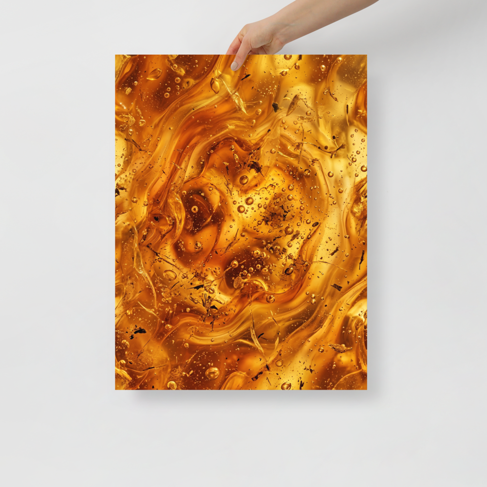 'Amber Depths' — a Abstract art print. A swirling, golden amber abstract piece resembling liquid honey with bubbles, ideal for a cozy Bedroom or Den.