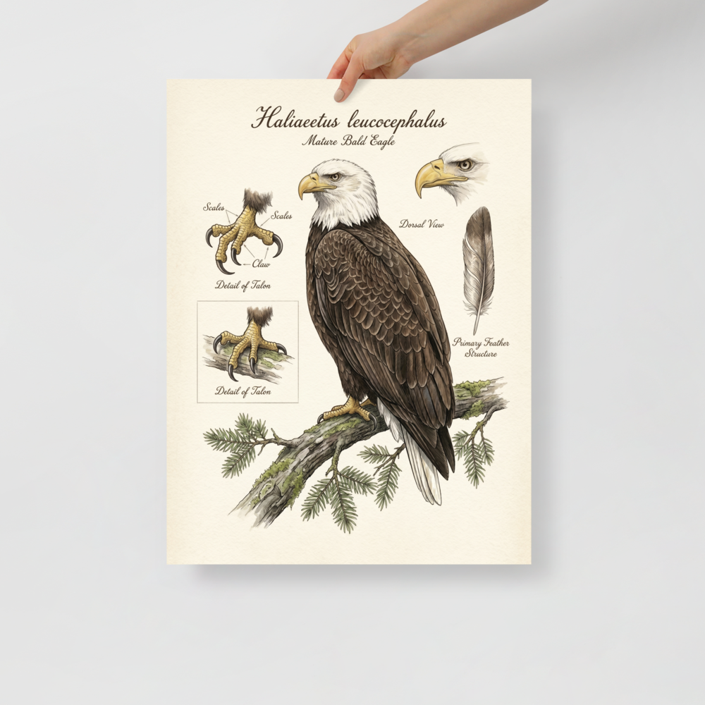 'Bald Eagle Portrait Study' — a Academic art,Realism print. Detailed portrait of a bald eagle with studies of its talons and a single feather.
