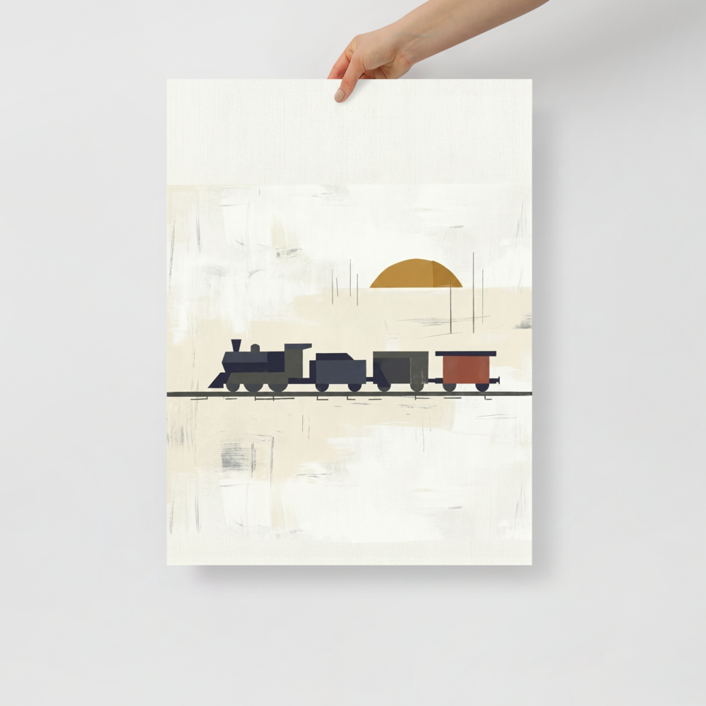 'Sunrise Locomotive' — a Minimalism print. A minimalist painting of a vintage steam train in dark colors against a cream background with an orange sun, ideal for a Boy's Bedroom or Office.