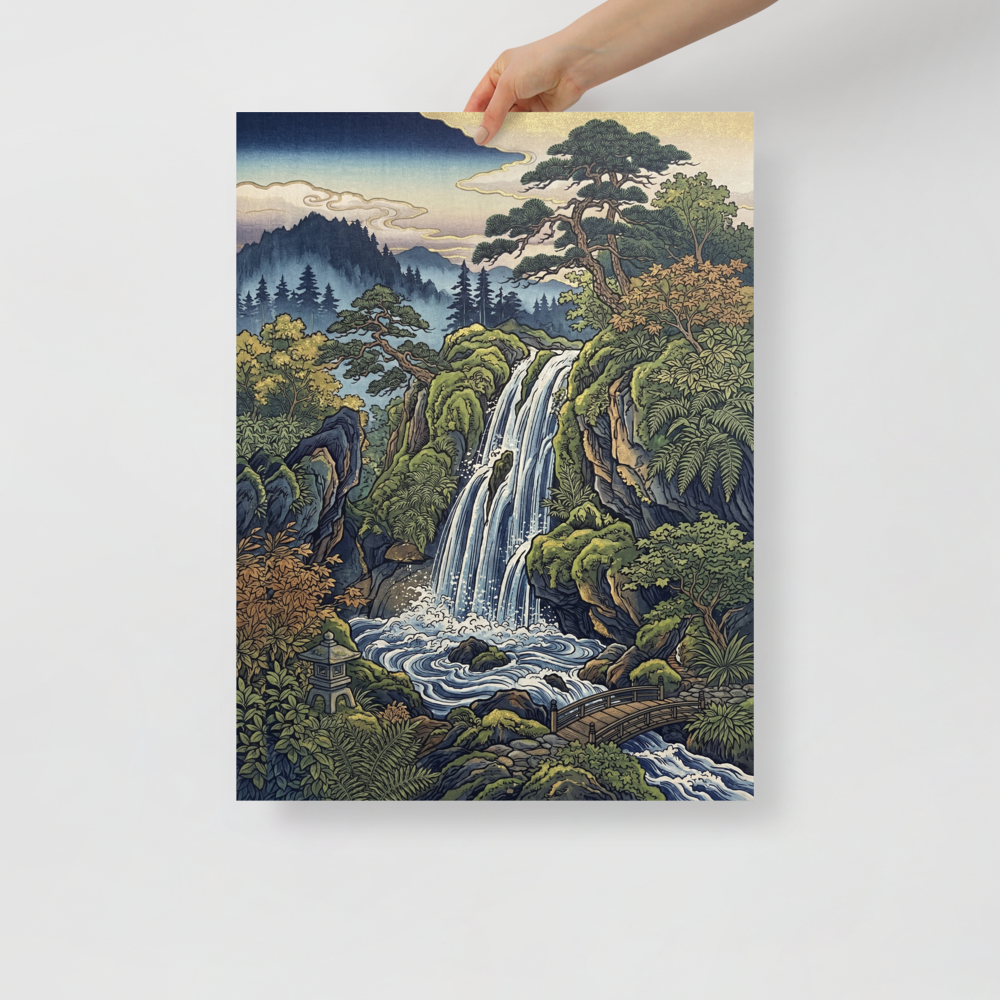 'Hidden Falls' — a Ukiyo-e print. A Japanese Ukiyo-e style illustration of a waterfall, pine trees, and a wooden bridge, perfect for a Living Room.