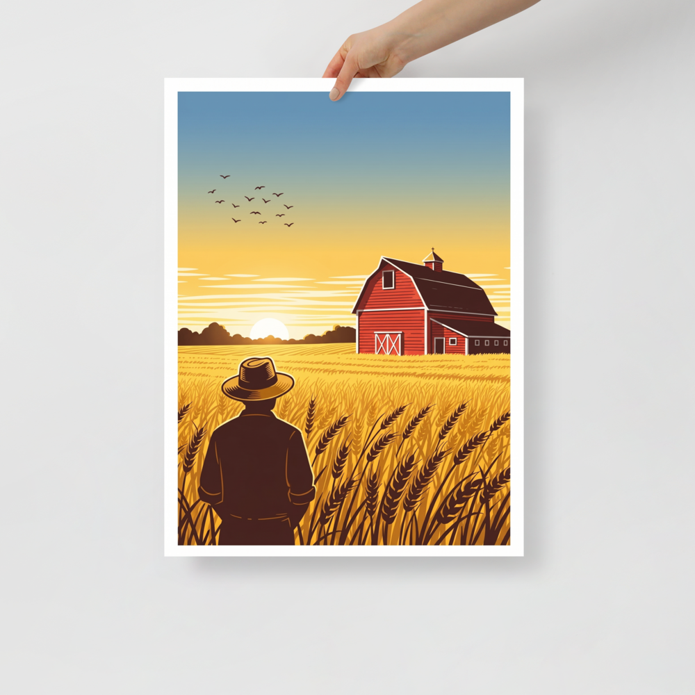 'Harvest Horizons' — a American Scene Painting,Digital art print. A picturesque sunset over a golden wheat field with a farmer and a red barn, a warm addition to a Living Room.