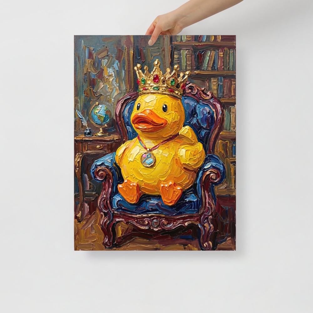 'His Royal Quackness' — a Lowbrow,Pop art print. Funny impasto painting of a rubber duck wearing a crown sitting in an armchair, ideal for a quirky office.