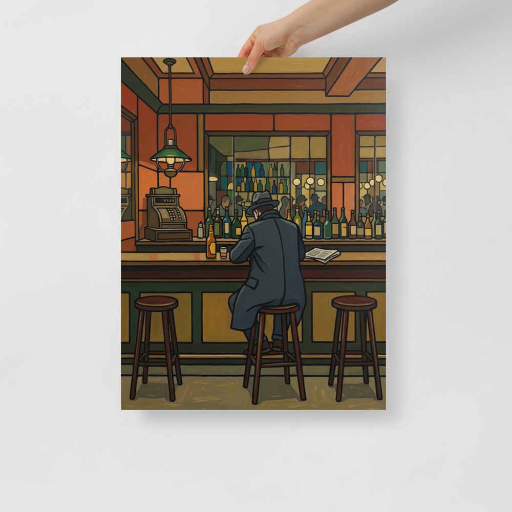 'Solitude at the Bar' — a Cloisonnism print. A moody Cloisonnism painting of a solitary man at a vintage bar reading a newspaper, ideal for a stylish home bar.