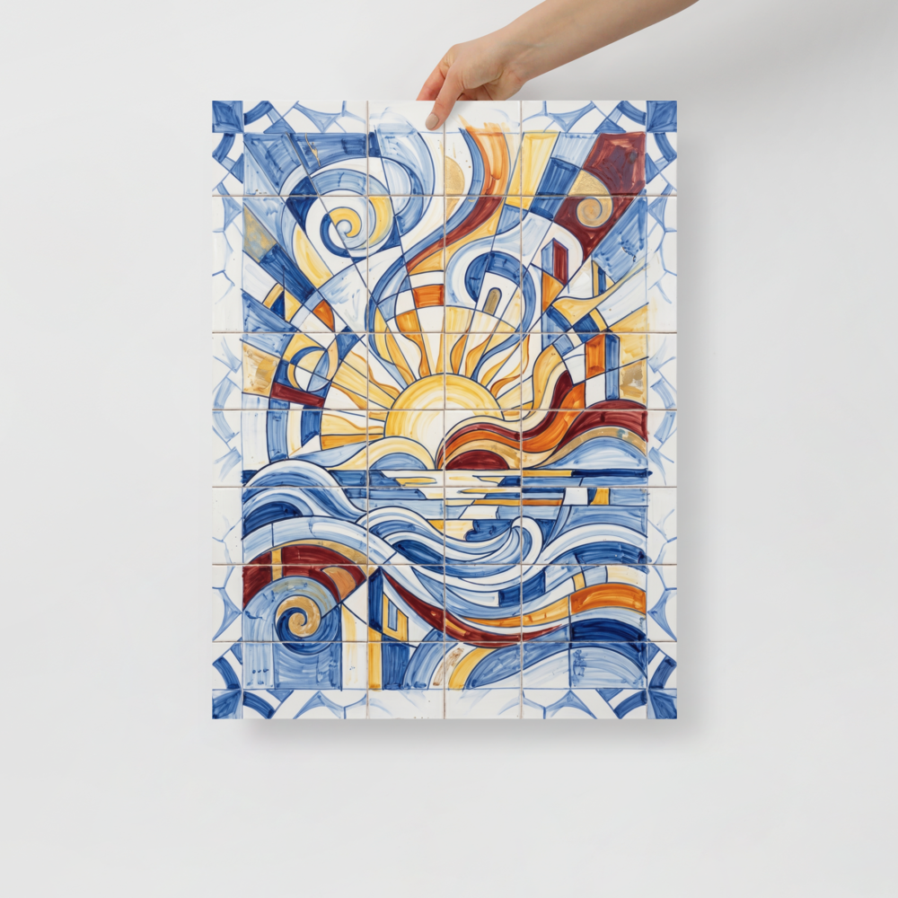 'The Radiant Horizon' — a Cubism print. A dynamic, colorful geometric azulejo tile artwork showing a stylized sun and waves, ideal for a bright Sunroom / Conservatory.