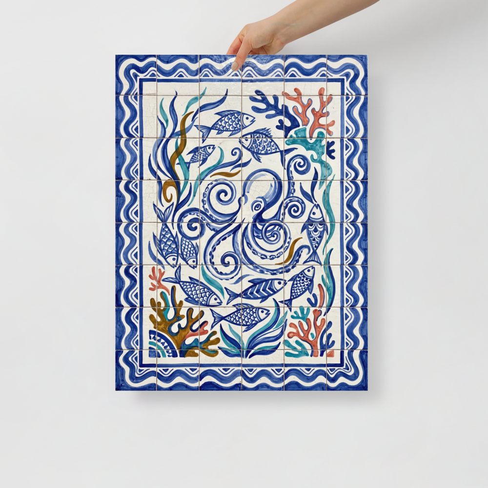 'Oceanic Swirl' — a Folk art print. A playful and colorful azulejo tile artwork featuring an octopus, fish, and coral, ideal for a bright Bathroom.