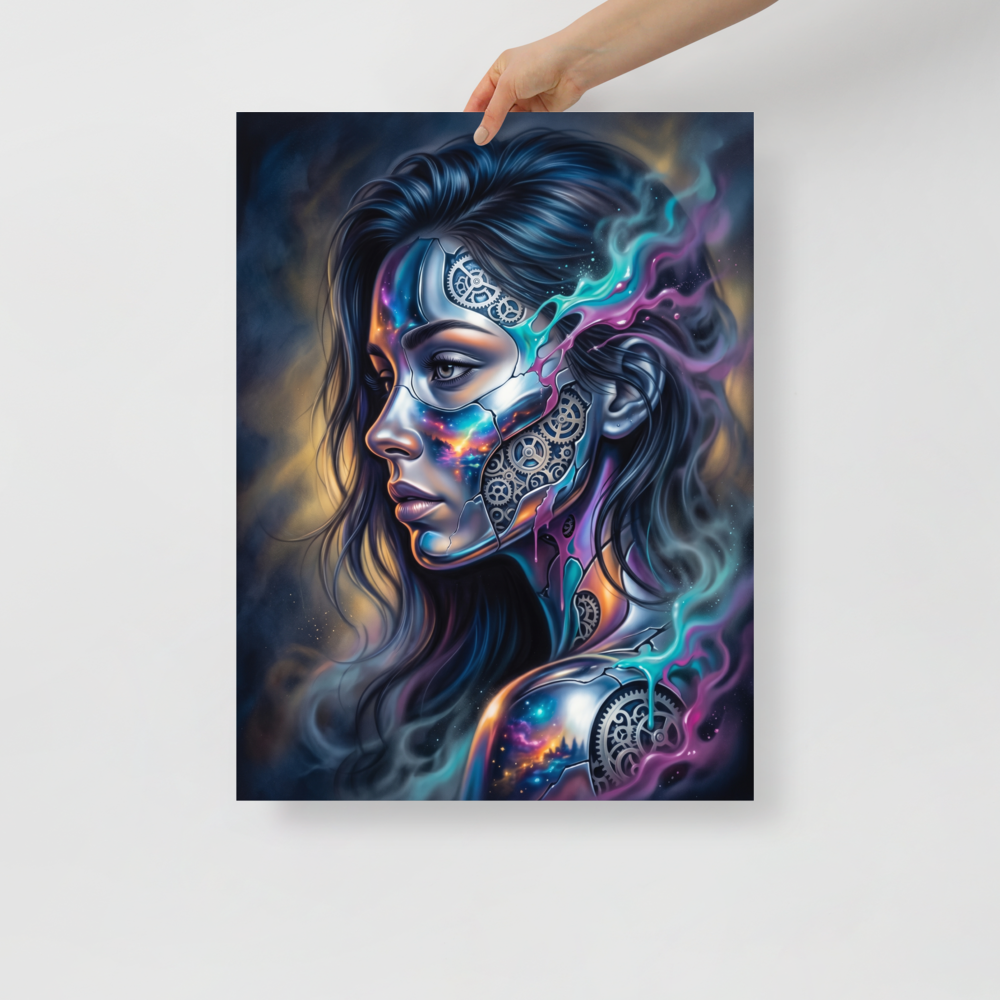 'Cosmic Clockwork' — a Surrealism print. A surreal cyberpunk portrait of a woman with gears and galaxies inside her face for a game room, framed by glowing teal and pink smoke.