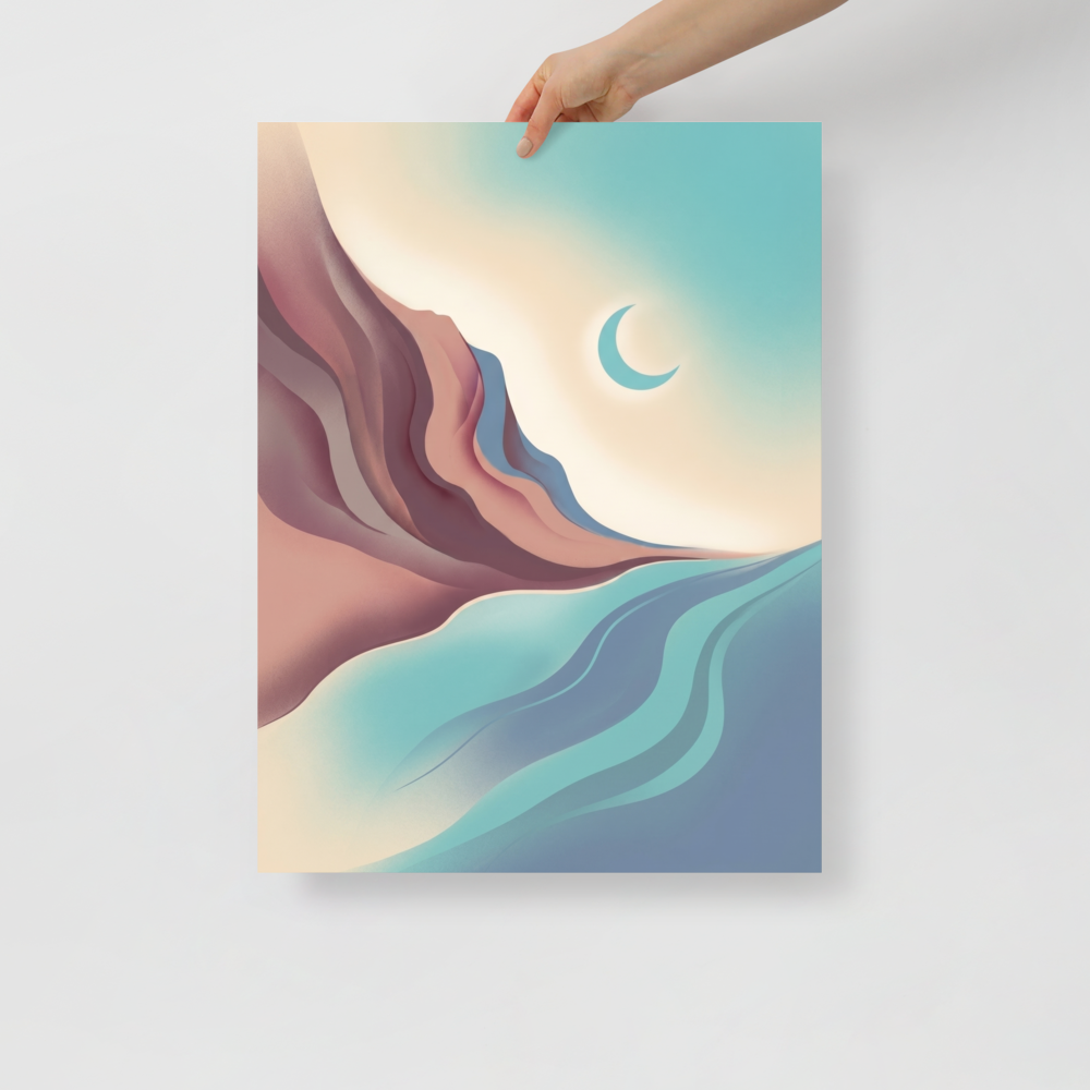 'Canyon Moonrise' — a Minimalism print. A minimalist landscape of smooth pastel canyons, a flowing river, and a crescent moon, perfect for a calming bedroom.
