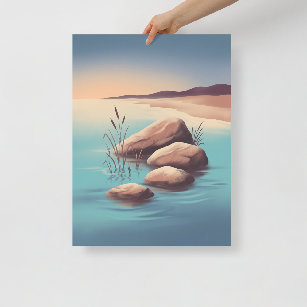 'Zen Waters' — a Minimalism print. A serene painting of smooth rocks and delicate reeds in calm water, ideal for a meditation room.