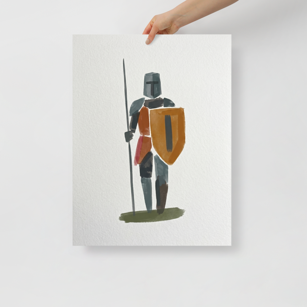 'Abstract Guardian' — a Minimalism print. An abstract minimalist painting of a knight with a shield and spear on a white textured background, great for a modern Entryway or Office.