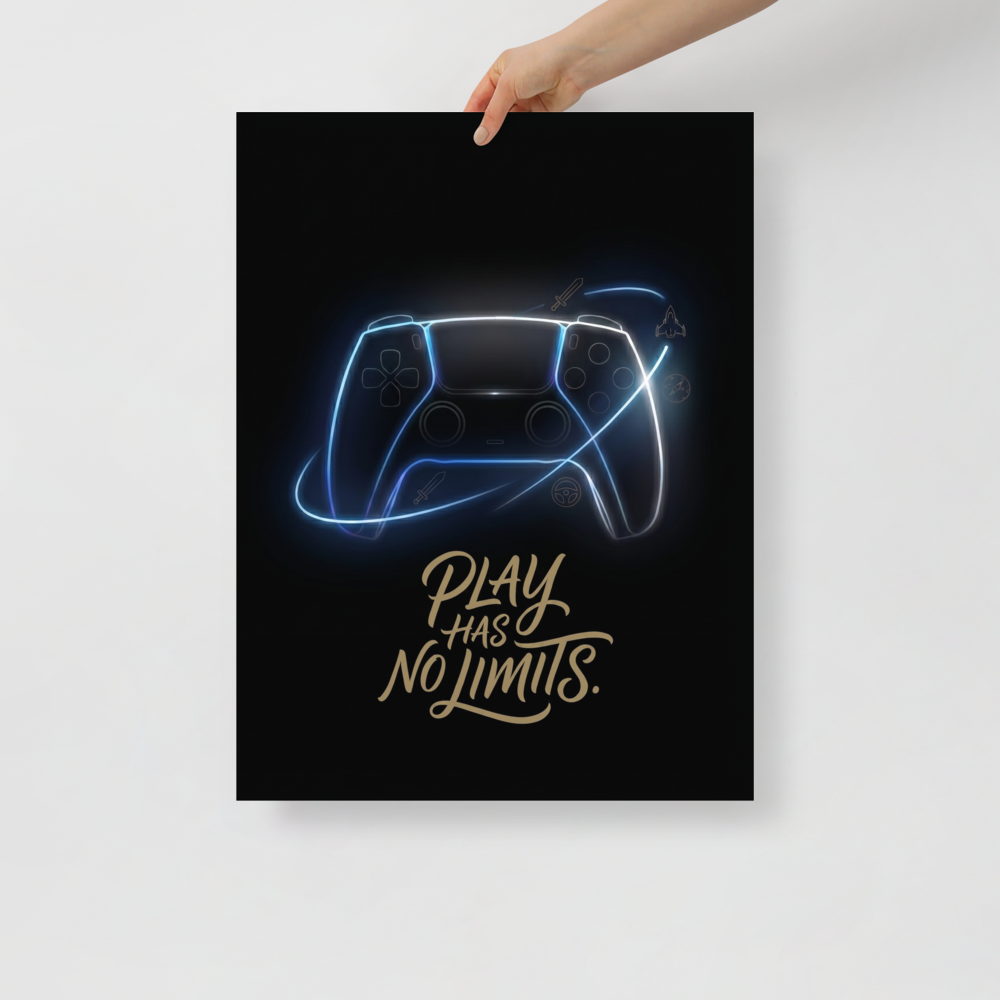 'No Limits' — a Digital art,Pop art print. A glowing neon gaming controller surrounded by floating icons and the text 'Play Has No Limits' against a dark background, perfect for a Game Room.