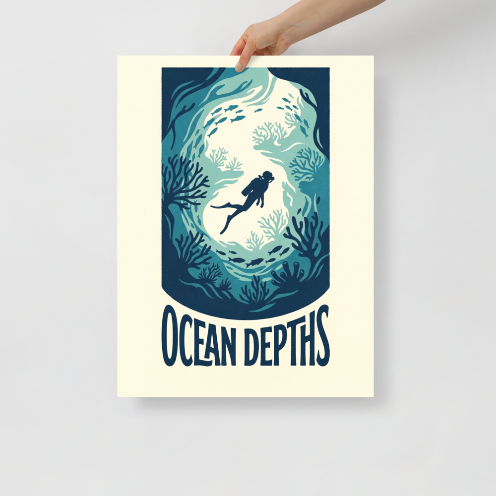 'Into the Deep Blue' — a Digital art,Minimalism print. A silhouette of a scuba diver swimming through a coral cave in varying shades of teal and cyan, ideal for a calming Bathroom.