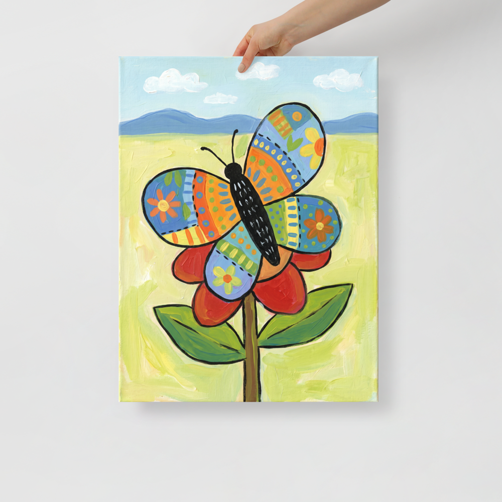 'The Patchwork Butterfly' — a Naive art print. A colorful, patchwork-style butterfly resting on a red flower in a bright meadow, perfect for a cheerful nursery or sunroom.