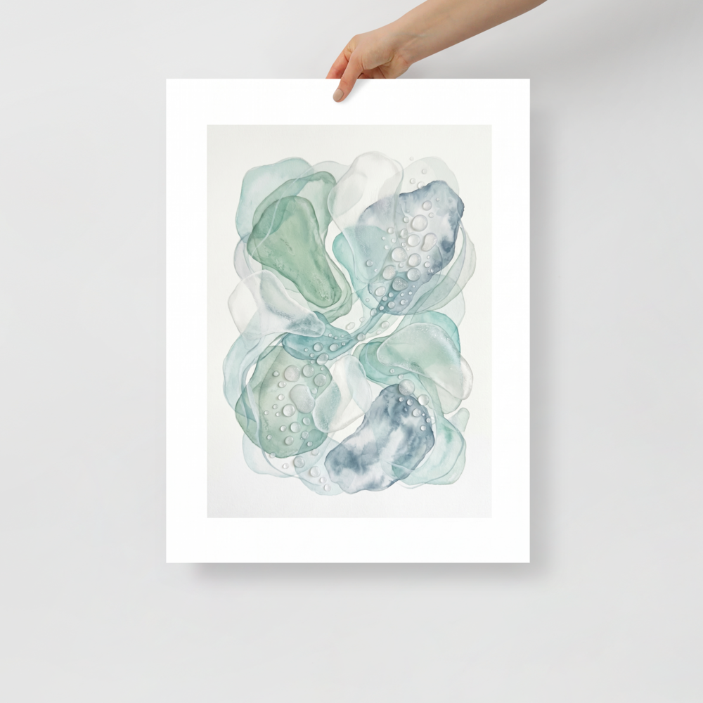 'Morning Dew' — a Minimalism,Abstract art print. A delicate watercolor painting of overlapping pale green and blue shapes with water droplets, bringing fresh energy to a Sunroom / Conservatory.