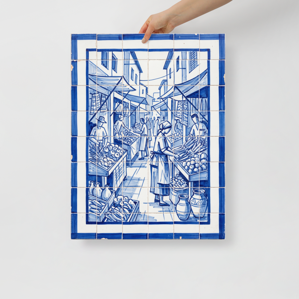 'The Market Square' — a Realism print. A traditional blue and white azulejo tile artwork showing a bustling street market, perfect for a lively Kitchen.
