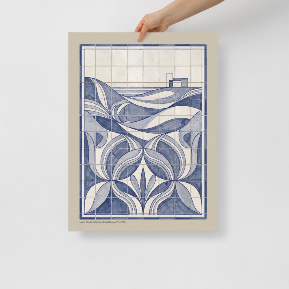 'Coastal Reflections' — a Art Deco print. A modern blue and white geometric tile artwork of a serene coastal landscape, perfect for an elegant Office.