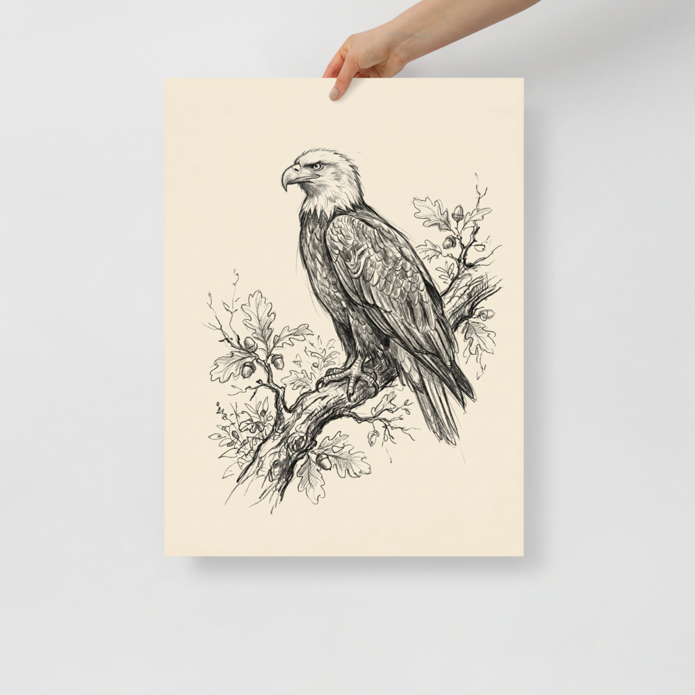 'Eagle on Oak Branch Sketch' — a Realism print. Pencil sketch of a bald eagle perched on an oak branch with leaves and acorns.