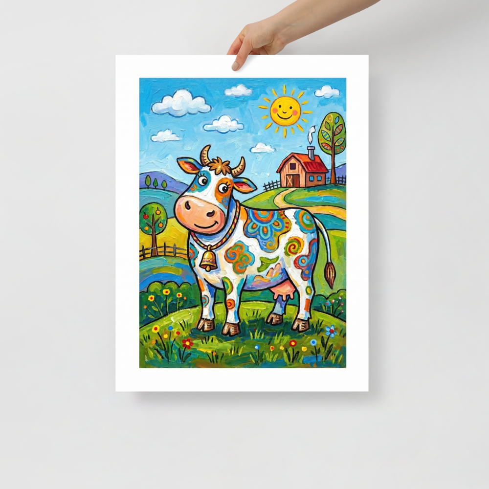 'The Rainbow Cow' — a Naive art print. A colorful cow covered in swirls and patterns standing in a sunny green pasture near a little farmhouse, great for a whimsical kitchen.