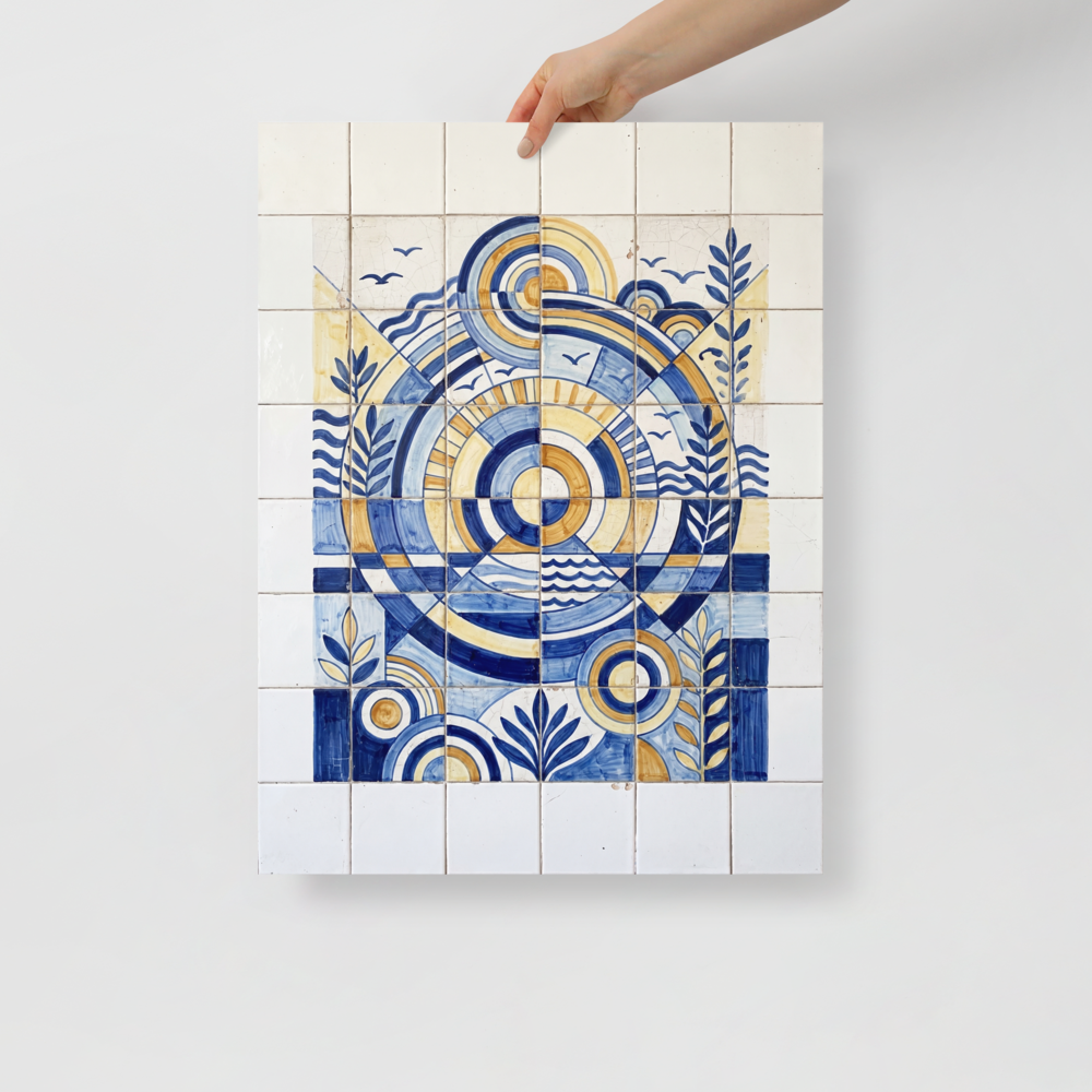 'The Sunlit Compass' — a Art Deco print. A symmetrical blue and yellow geometric tile artwork featuring a sun and botanical elements, perfect for an elegant Entryway.