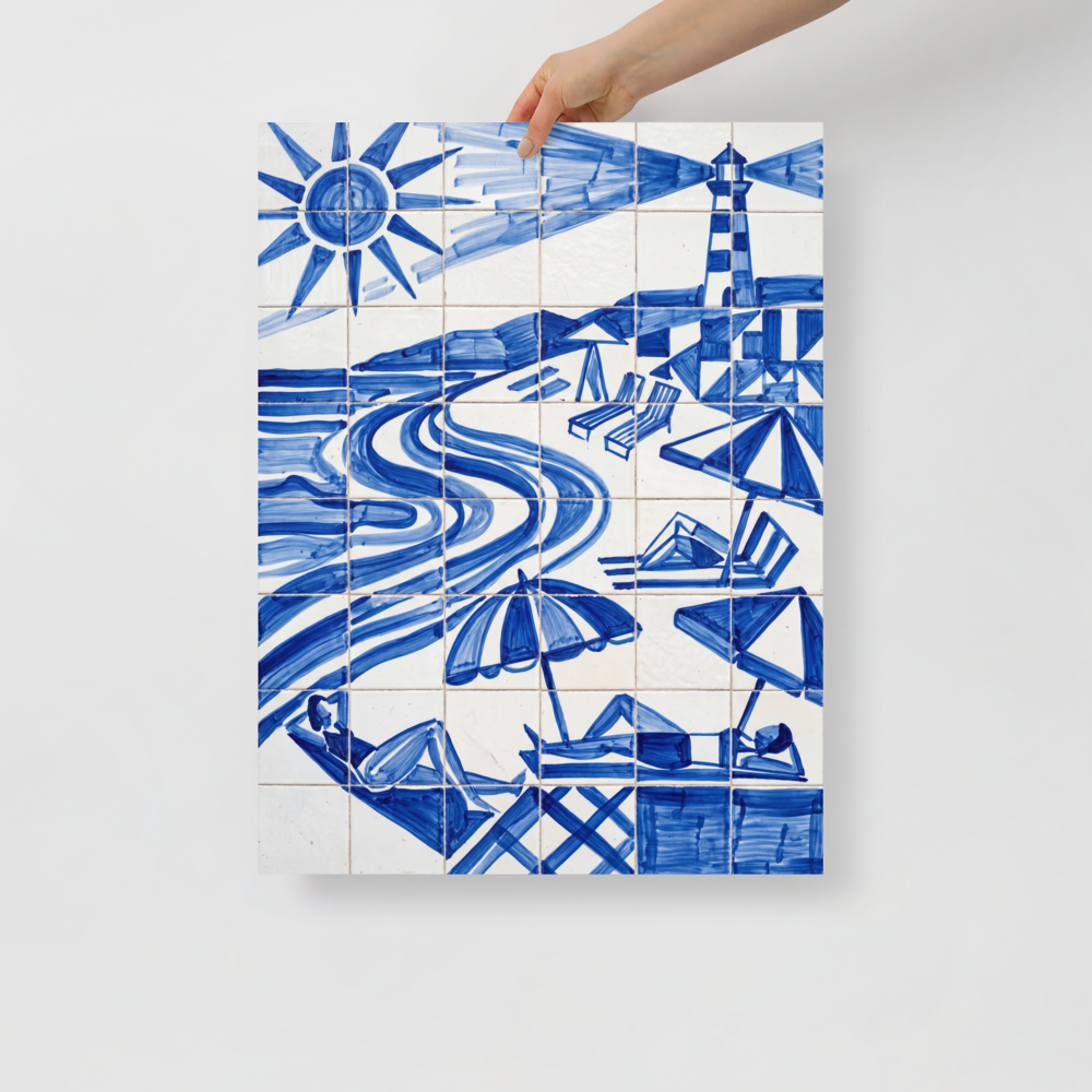 'The Blue Riviera' — a Geometric abstract art print. A geometric blue and white azulejo tile artwork of a sunny beach with loungers, perfect for an Outdoor / Garden.