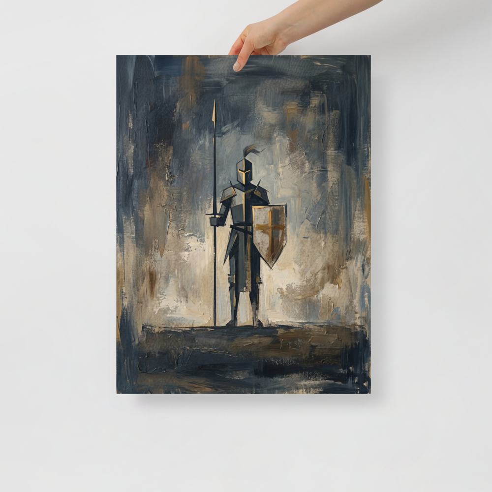 'The Golden Sentinel' — a Minimalism print. A minimalist painting of a knight holding a spear and a shield with gold accents, perfect for a modern Living Room.