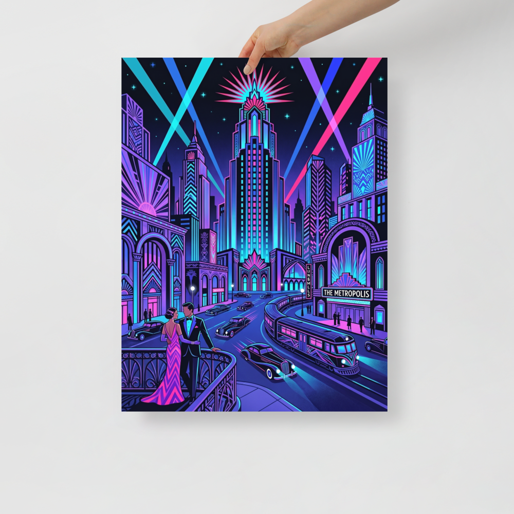 'Neon Nights at The Metropolis' — a Art Deco print. A vibrant neon cityscape featuring a glowing skyscraper, a vintage theater, and a stylish couple, a striking choice for a home bar or game room.