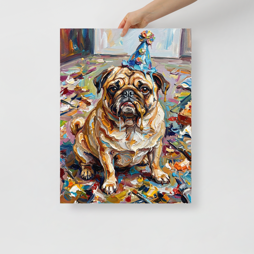 'Messy Celebration' — a Expressionism,Pop art print. Colorful impasto painting of a pug in a birthday hat covered in paint, perfect for a playroom.