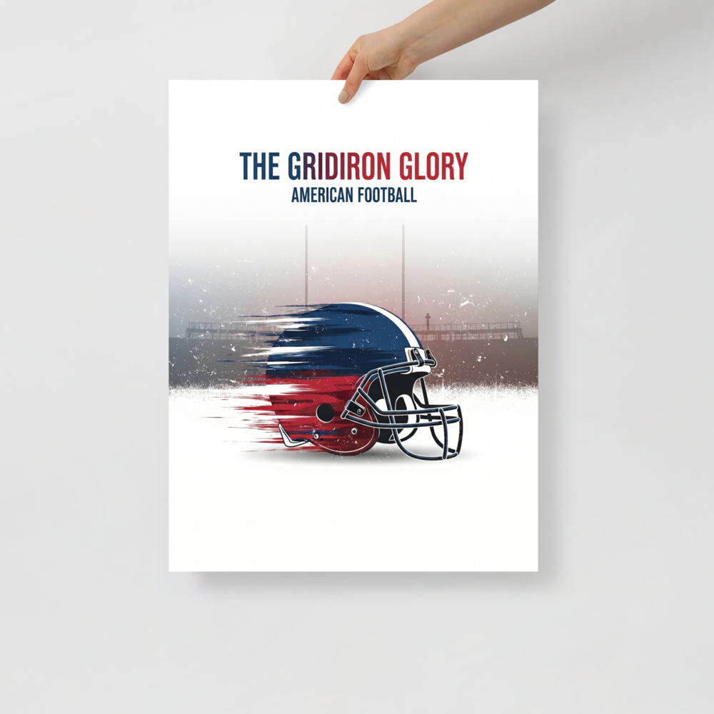 'The Gridiron Glory' — a Digital art print. A red, white, and blue American football helmet with motion blur effects against a misty stadium, a bold piece for a Game Room.