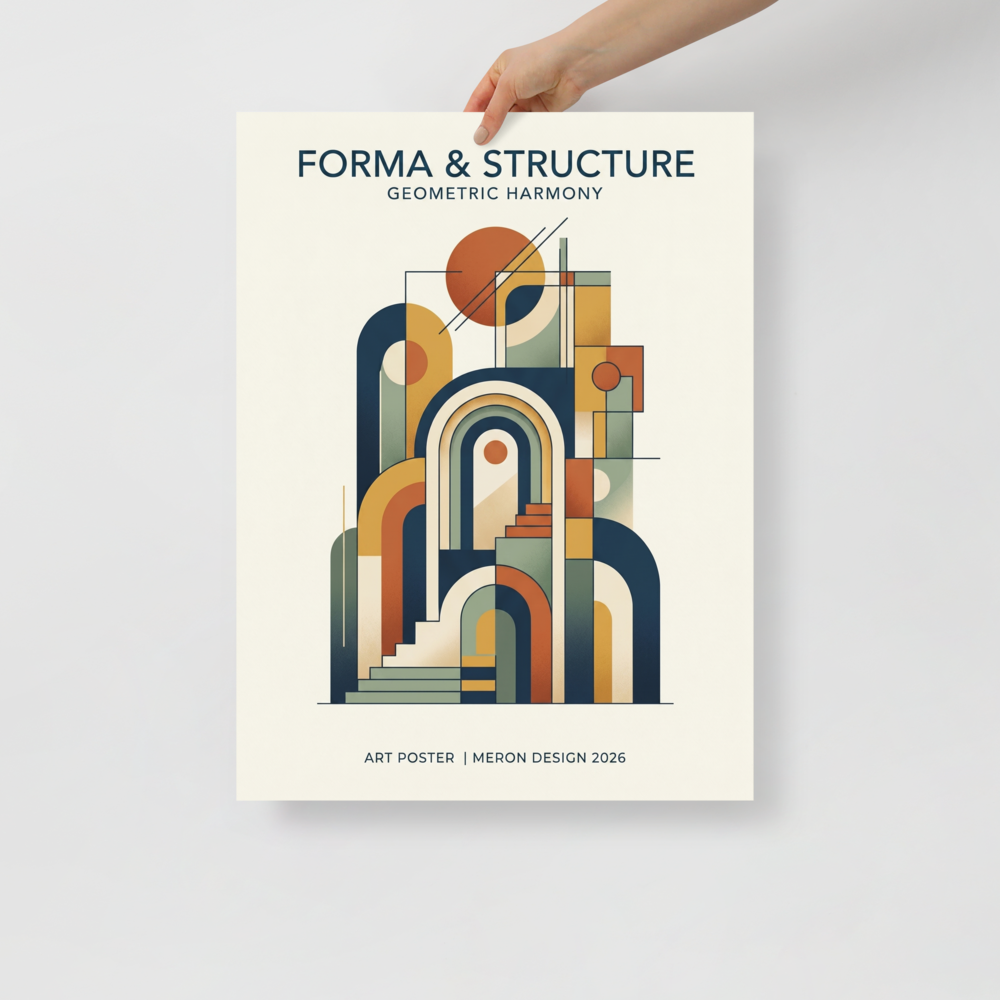 'Geometric Harmony' — a Geometric abstract art,Bauhaus print. A structured abstract composition of arches and geometric shapes, bringing architectural elegance to an Office or Living Room.