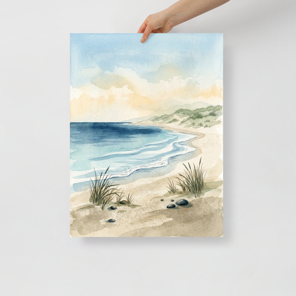'Tranquil Tides' — a Impressionism print. A serene watercolor landscape of an empty beach with gentle blue waves and sandy shores, perfect for a calm Living Room.