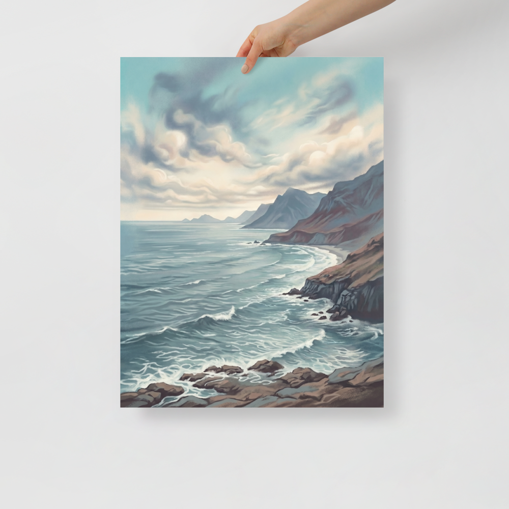 'Coastal Echoes' — a Romanticism print. A brooding painting of a rugged coastline with dark mountains and a restless ocean under a cloudy sky, suited for an office.