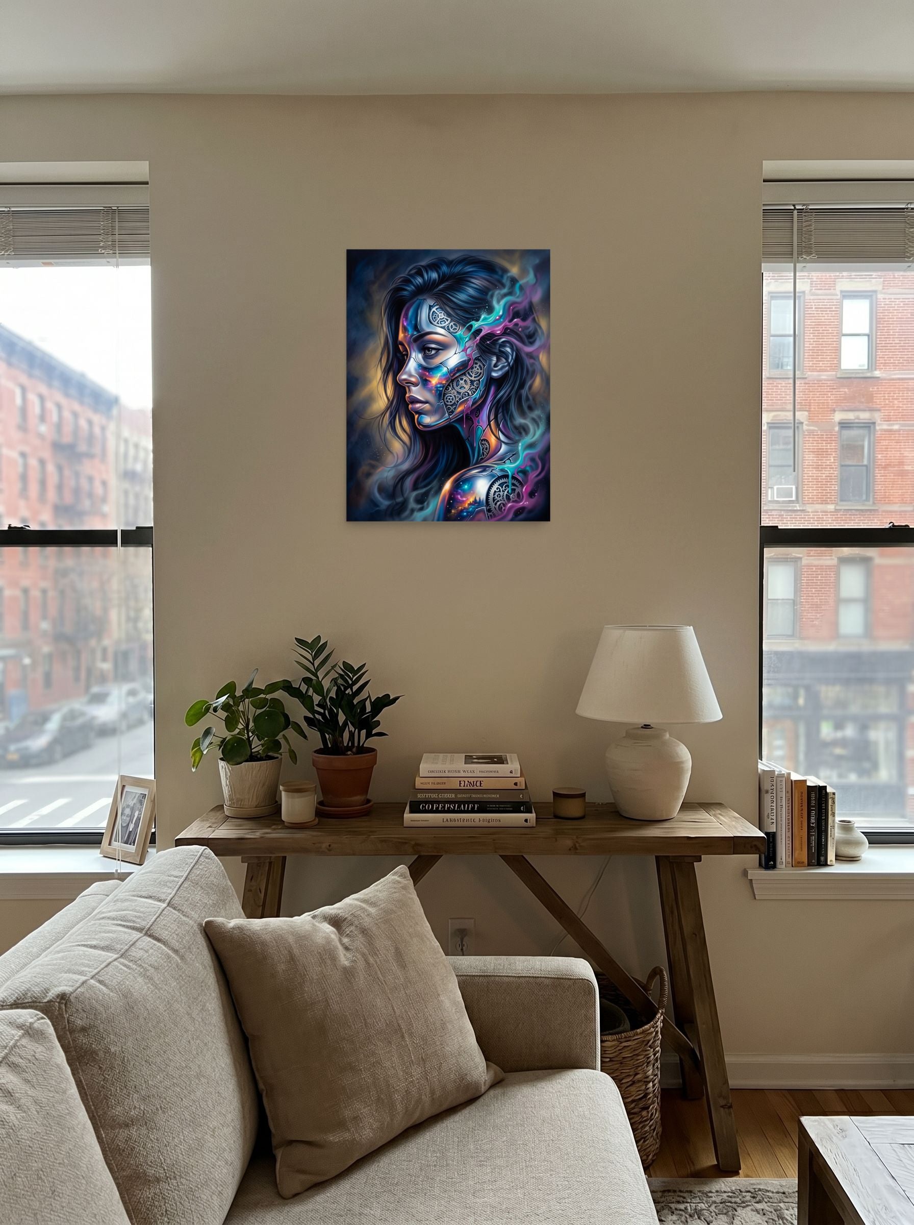 A 18x24 inch unframed paper Surrealism print of 'Cosmic Clockwork' displayed in the center of a living room.