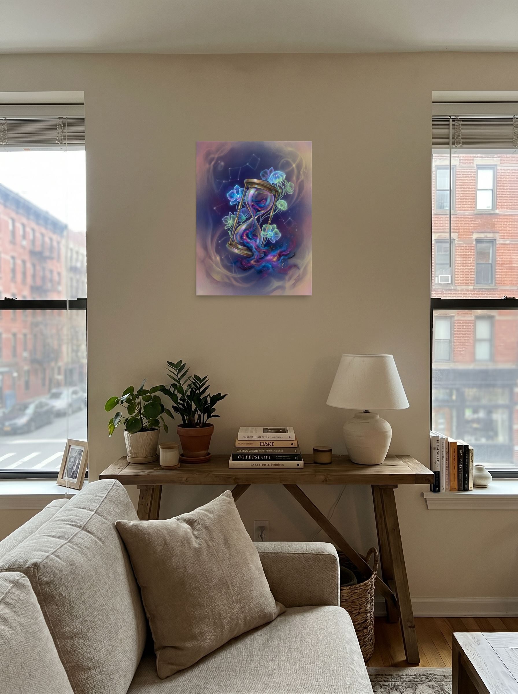 A 18x24 inch unframed paper Magic realism print of 'Sands of the Nebula' displayed in the center of a living room.