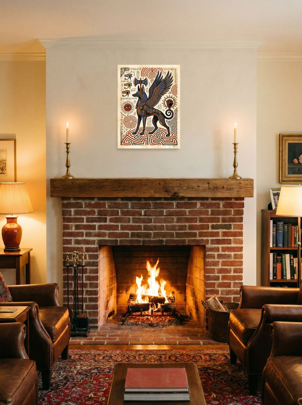 unframed paper wall art 'Guardian of the Labyrinth' hung over a fireplace as a focal point, at 18x24 inch.