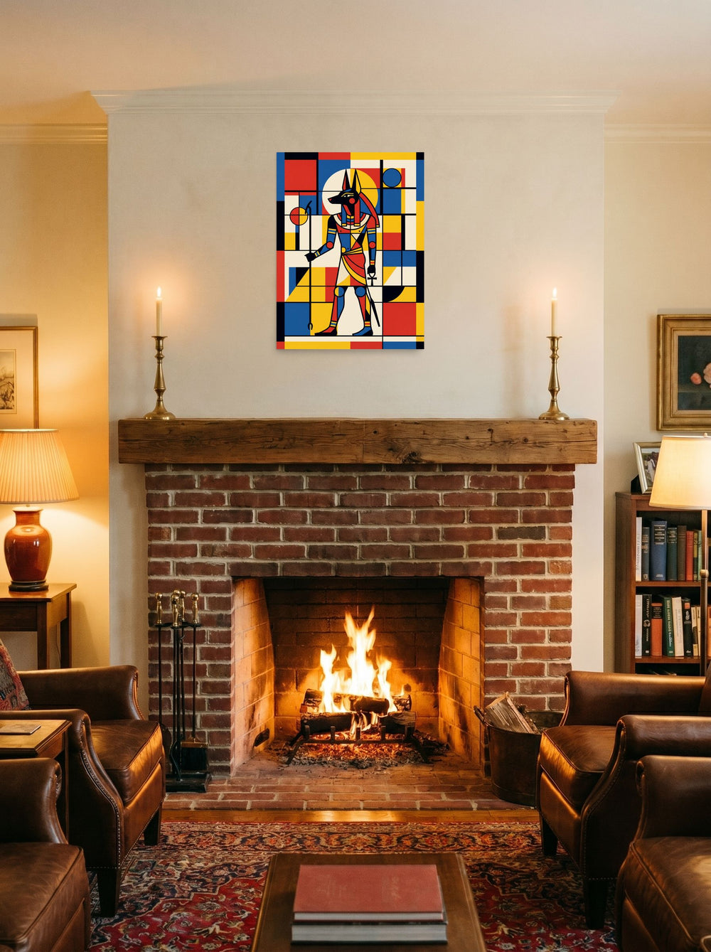 'Mondrian's Anubis' as a unframed paper print, 18x24 inch, styled on a mantel above a fireplace.
